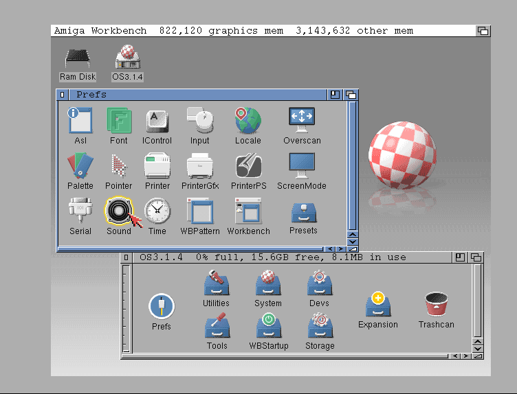 Workbench screen of AmigaOS 3.1.4 with new GlowIcons